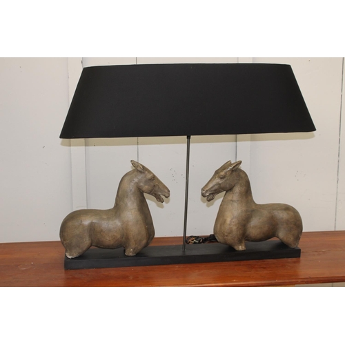 377 - Resin table lamp decorated with horses {74 cm H x 90 cm W x 18 cm D}.