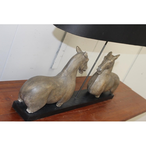 377 - Resin table lamp decorated with horses {74 cm H x 90 cm W x 18 cm D}.