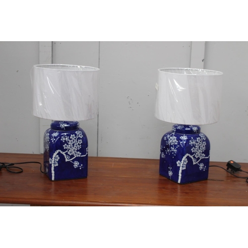 380 - Pair of blue and white ceramic table lamps decorated with Apple Blossom  {44 cm H x 25 cm Dia.}.