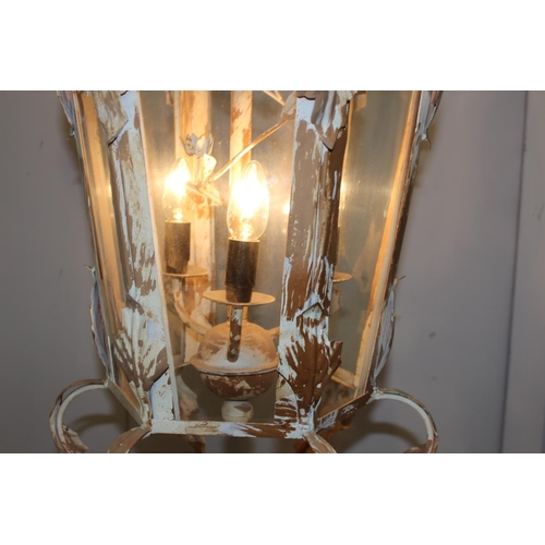 4 - Unusual painted metal acanthus leaf lantern with three branch lights in the centre {100 cm H x 52 cm... 