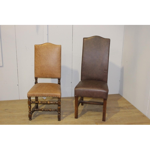 60 - Two leather upholstered side chairs {120 cm H x 50 cm W x 48 cm D and 110 cm H x 45 cm W x 42 cm D}.