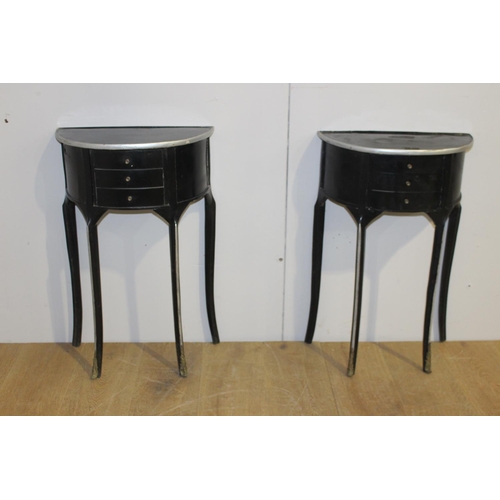 66 - Pair of painted pine side tables with metal rim three drawers raised on cabriole legs {70 cm H x 45 ... 