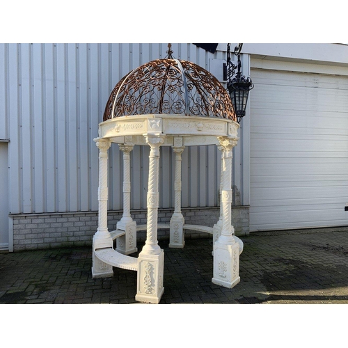 733 - Good quality cast stone garden gazebo with wrought iron dome top.