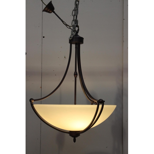 8 - Metal hanging light with alabaster shade {100 cm H x 56 cm  Dia.}.