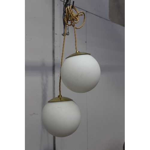 80 - Pair of brass and white milk glass hanging lights {Drop 98 cm H and Shade 30 cm H x 38 cm Dia.}.