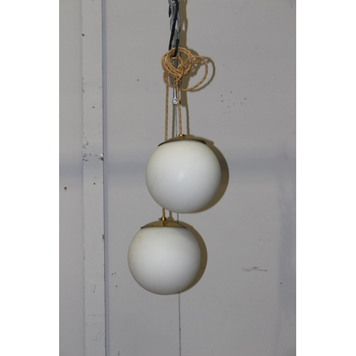 80 - Pair of brass and white milk glass hanging lights {Drop 98 cm H and Shade 30 cm H x 38 cm Dia.}.