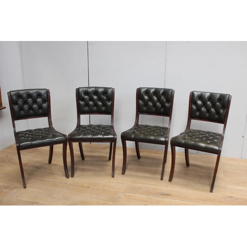803 - Set of four deep buttoned leather upholstered mahogany chairs { 87cm H X 49cm W X 54cm D }.