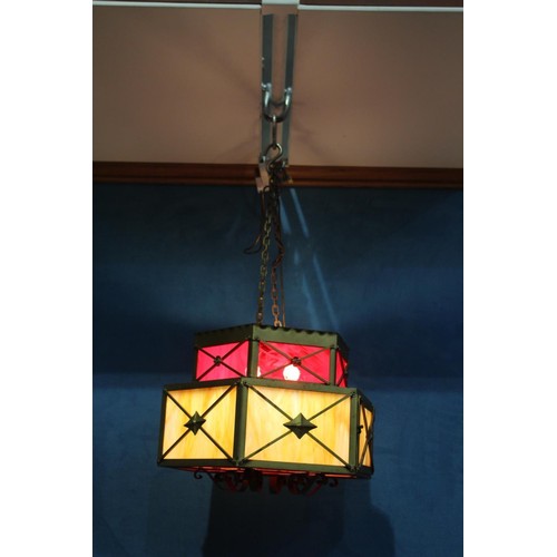 204 - Metal two tier ceiling light with yellow and red opaque glass panels. { 40 cm H x 50 cm Diam}.