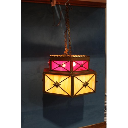 205 - Metal two tier ceiling light with yellow and red opaque glass panels. { 40 cm H x 50 cm Diam}.