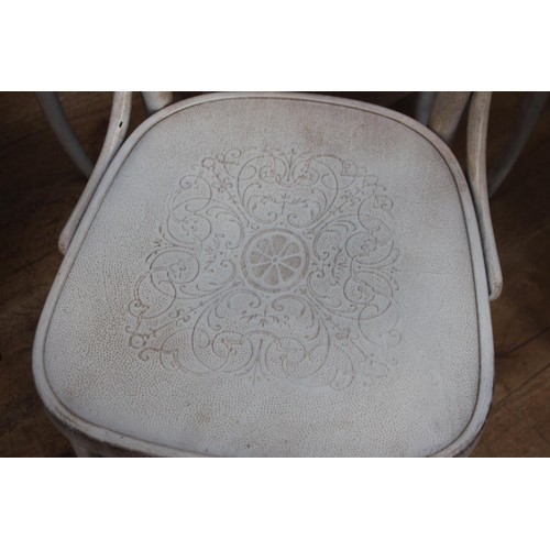 211 - Set of four bleached wood washed gray armchairs with floral stencil {80 cm H x 64 cm W x 50 cm D}.