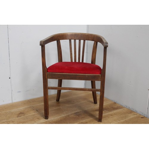 216 - Oak slat back armchair with red velvet upholstered seat {80 cm H x 57 cm W x 44 cm D