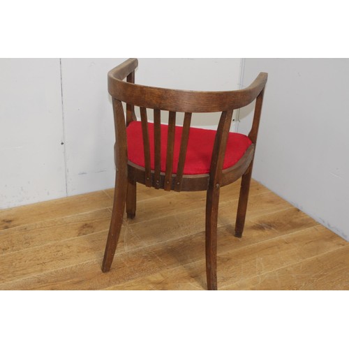 216 - Oak slat back armchair with red velvet upholstered seat {80 cm H x 57 cm W x 44 cm D