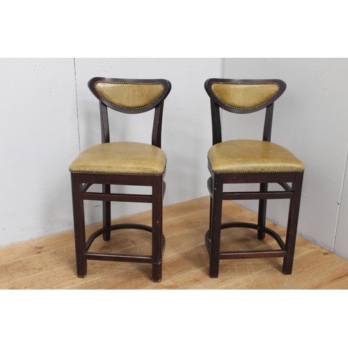 217 - Pair of mahogany and green leather upholstered kitchen stools {90 cm H x 42 cm W x 42 cm D}.