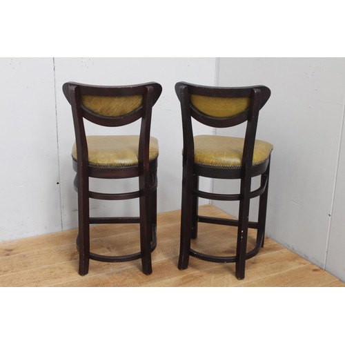 217 - Pair of mahogany and green leather upholstered kitchen stools {90 cm H x 42 cm W x 42 cm D}.