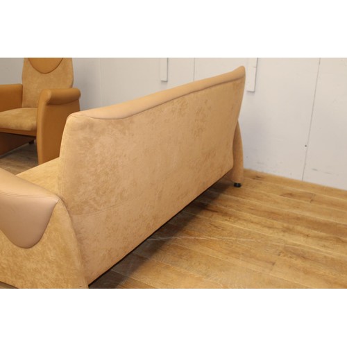 223 - Leather and suede upholstered  three seater sofa in the Swedish style {90 cm H x 193 cm W x 48 cm D}... 