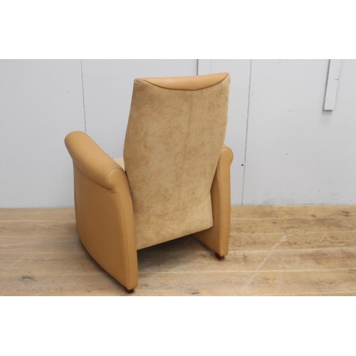 224 - Leather and suede upholstered chair in the Swedish style {95 cm H x 73 cm W x 49 cm D}.