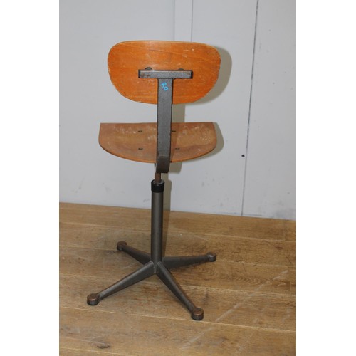 231 - Metal and wood machinist chair {90 cm H x 40 cm W x 40 cm D}.