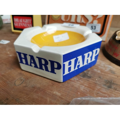 49 - Harp ceramic advertising ashtray {6 cm H x 18 cm Dia.}.