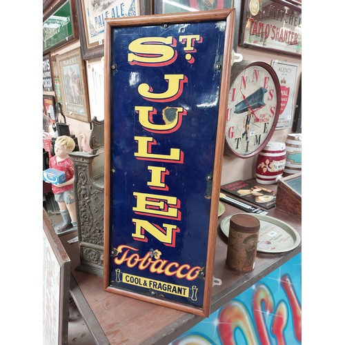 36A - St Julien Tobacco Cool & Fragrant framed enamel advertising sign {31 cm H x 13 cm W}