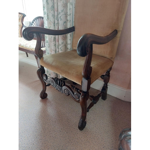 1011 - Early 20th C. carved walnut and upholstered throne chair in the William and Mary style {125 cm H x 6... 