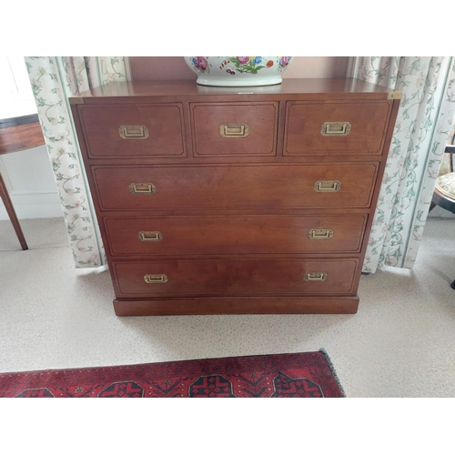 1015 - Good quality cherrywood campaign style chest of drawers {91 cm H x 103 cm W x 45 cm D}.