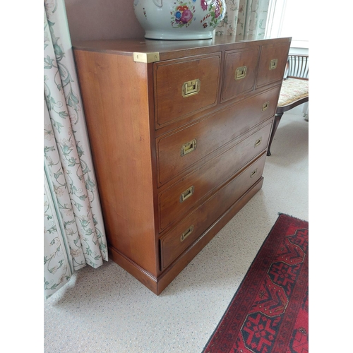 1015 - Good quality cherrywood campaign style chest of drawers {91 cm H x 103 cm W x 45 cm D}.