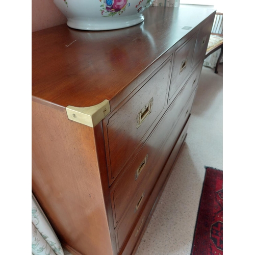 1015 - Good quality cherrywood campaign style chest of drawers {91 cm H x 103 cm W x 45 cm D}.