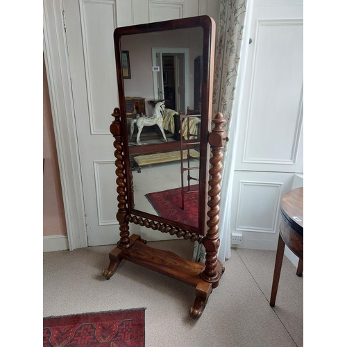 1018 - 19th C. mahogany cheval mirror on barley twist columns {171 cm H x 87 cm W x 53 cm D}.