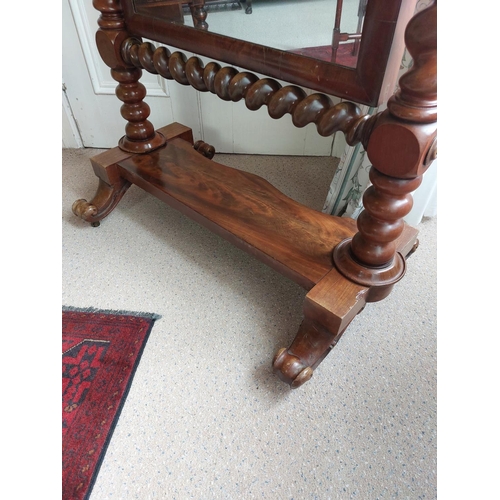 1018 - 19th C. mahogany cheval mirror on barley twist columns {171 cm H x 87 cm W x 53 cm D}.