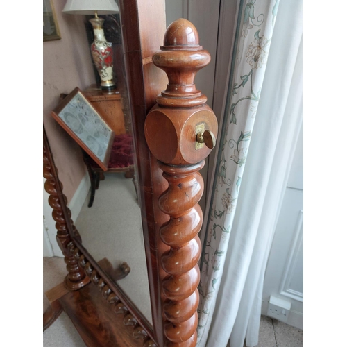 1018 - 19th C. mahogany cheval mirror on barley twist columns {171 cm H x 87 cm W x 53 cm D}.