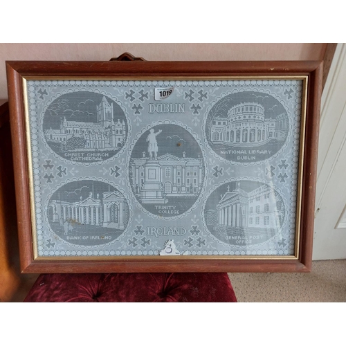 1019 - Embroidery art work buildings of Dublin mounted in wooden frame {48 cm H x 66 cm W}.