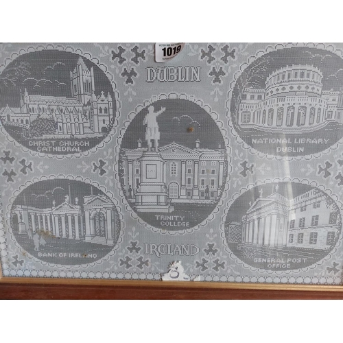 1019 - Embroidery art work buildings of Dublin mounted in wooden frame {48 cm H x 66 cm W}.