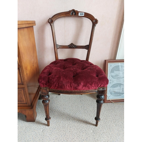 1020 - Edwardian walnut and upholstered side chair raised on turned legs {87 cm H x 47 cm W x 47 cm D}.