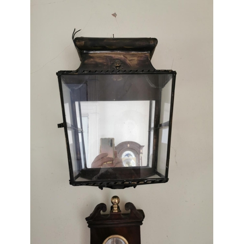 107 - Pair of brass and glass wall lanterns { 40cm H X 26cm W X 13cm D }.