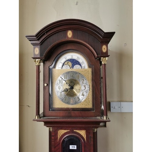 119 - Exceptional quality inlaid mahogany and brass long cased clock with silvered brass rolling moon arch... 