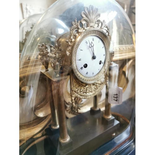 137 - 19th C. French mantle clock with enamel dial on black marble base {36 cm H x 20 cm W x 11 cm D}.