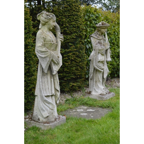 14 - Pair of sandstone figures of musicians {118 cm H x 36 cm W}.
