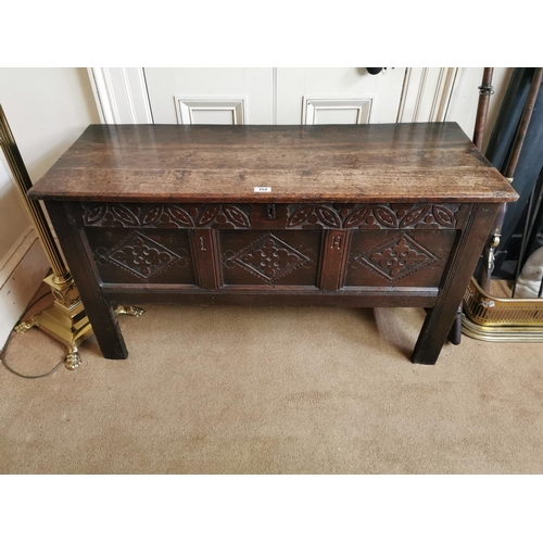 152 - 18th C. carved oak coffer on square reeded legs {75 cm H x 135 cm W x 52 cm D}.