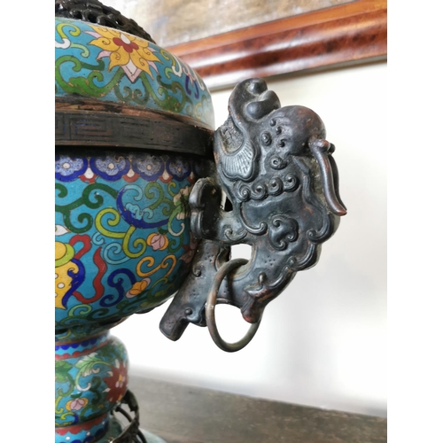 170 - Large bronze cloisonne incense burner with Foo Dog handles and the lid with ornate finial. { 56cm H ... 