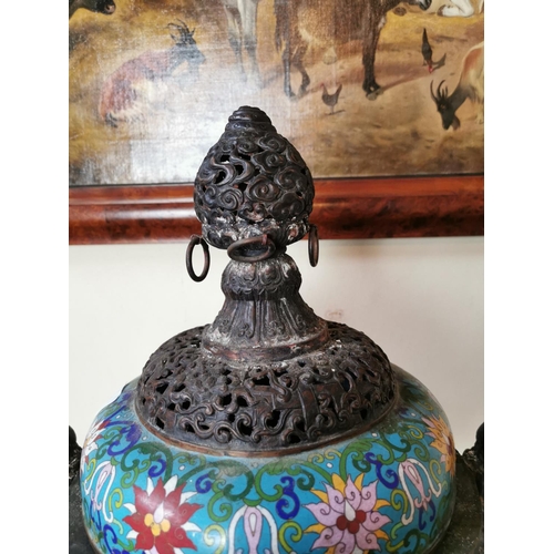 170 - Large bronze cloisonne incense burner with Foo Dog handles and the lid with ornate finial. { 56cm H ... 