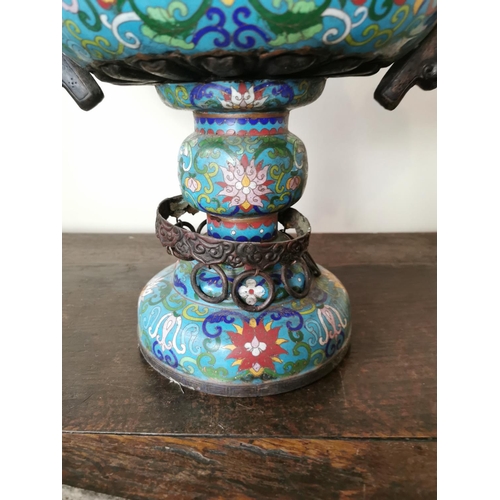 170 - Large bronze cloisonne incense burner with Foo Dog handles and the lid with ornate finial. { 56cm H ... 