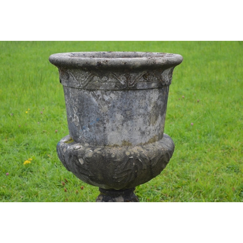 21 - Large sandstone urn on square base {118 cm H x 62 cm Dia.}.
