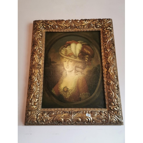 223 - Oil on canvas Portrait of a Young Lady mouted in decorative gilt frame {132 cm H x 110 cm W}.