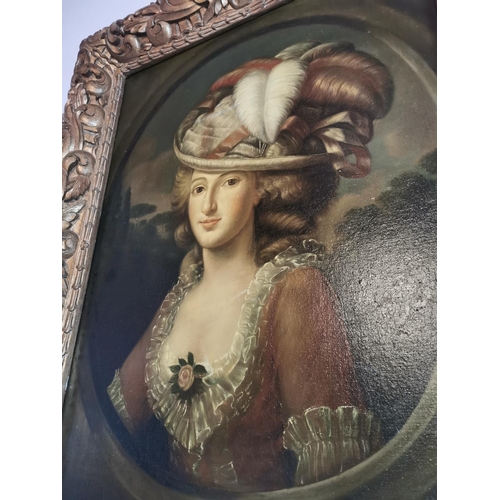 223 - Oil on canvas Portrait of a Young Lady mouted in decorative gilt frame {132 cm H x 110 cm W}.