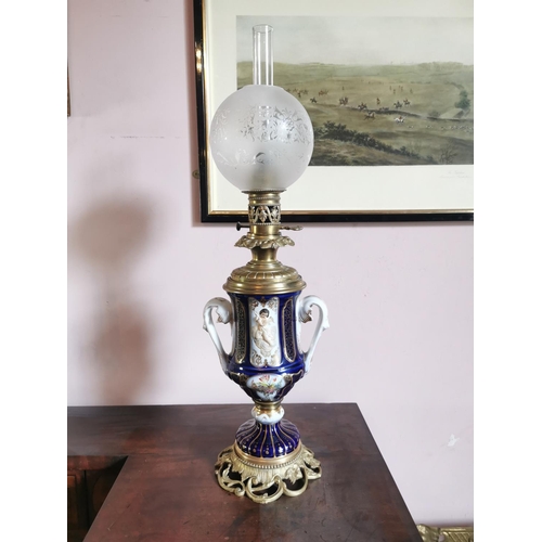 224 - Pair of good quality 19th. C. ceramic and brass table lamps with etched football shades {77 cm H x 2... 