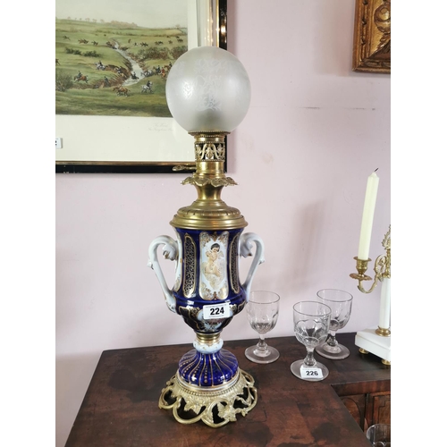 224 - Pair of good quality 19th. C. ceramic and brass table lamps with etched football shades {77 cm H x 2... 