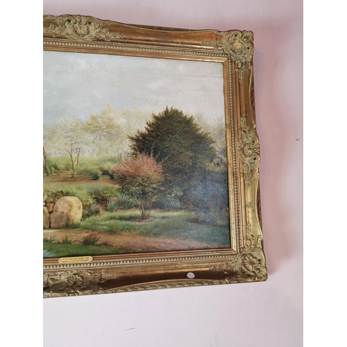 236 - 19th C. Garden Scene oil on canvas mounted in decorative gilt frame {63 cm H x 90 cm W}.