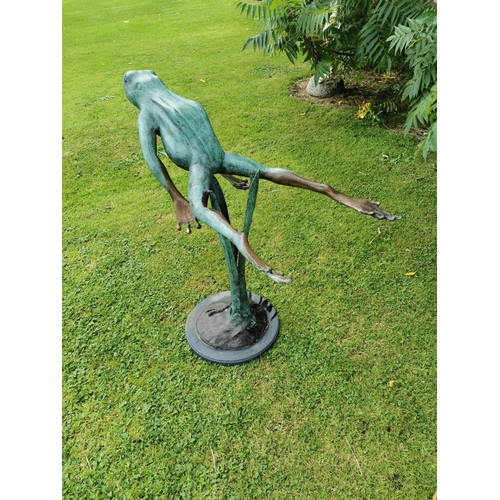 28 - Bronze model of leaping frog on marble base {82 cm H x 40 cm W x 78 cm D}.