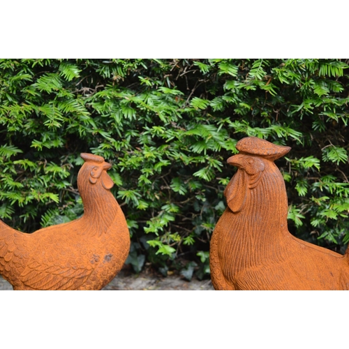 32 - Two cast iron figures of a Rooster and Hen {47 cm H x 40 cm W}.