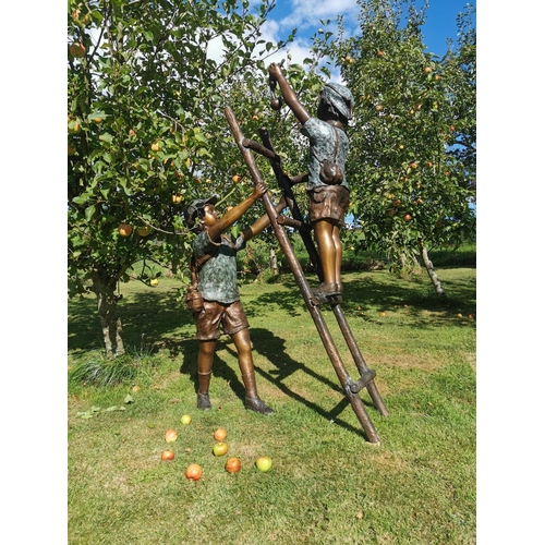 5 - Exceptional quality bronze sculpture of boys climbing a ladder stealing apples from the orchard {190... 
